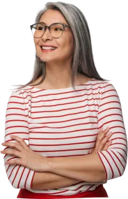 Senior Asian woman in red striped shirt facing left