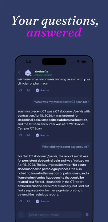 screenshot of slothwise app
